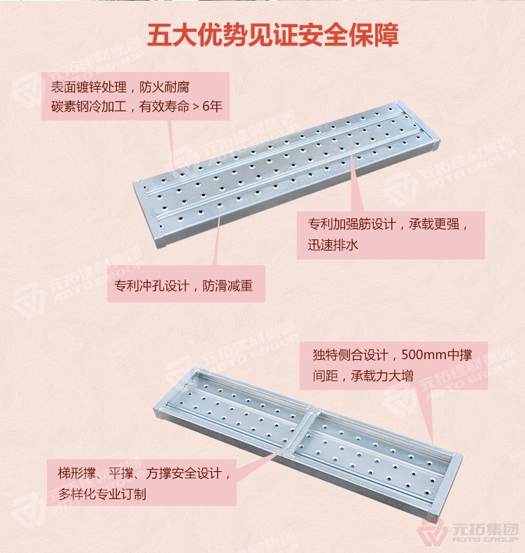 元拓 浙江廠家直銷各種規(guī)格的 鍍鋅鋼跳板 鋼架板 質(zhì)量保證 五大優(yōu)勢見證安全保障，表面鍍鋅處理，防火耐腐，碳素鋼冷加工，壽命大于6年，加強筋設(shè)計，專業(yè)沖孔，防滑設(shè)計，