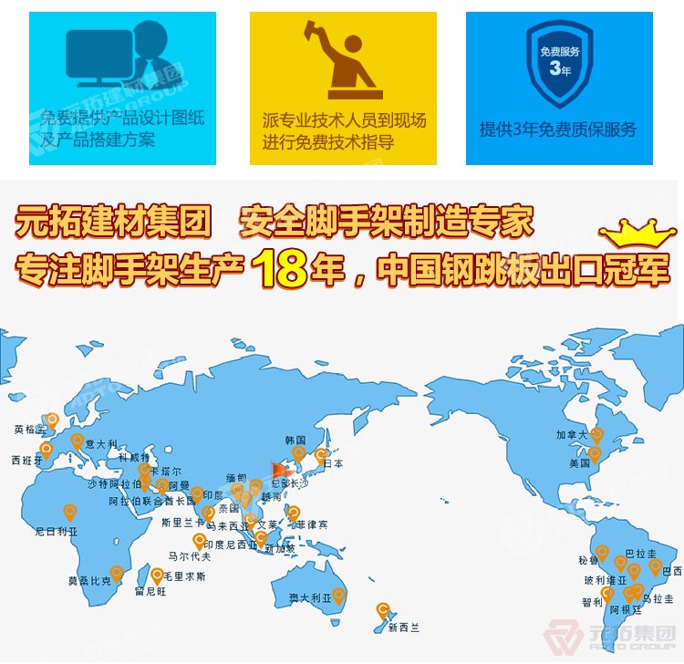 元拓建材集團，安全腳手架制造專家！專注腳手架生產(chǎn)18年，中國鋼跳板出口冠軍！